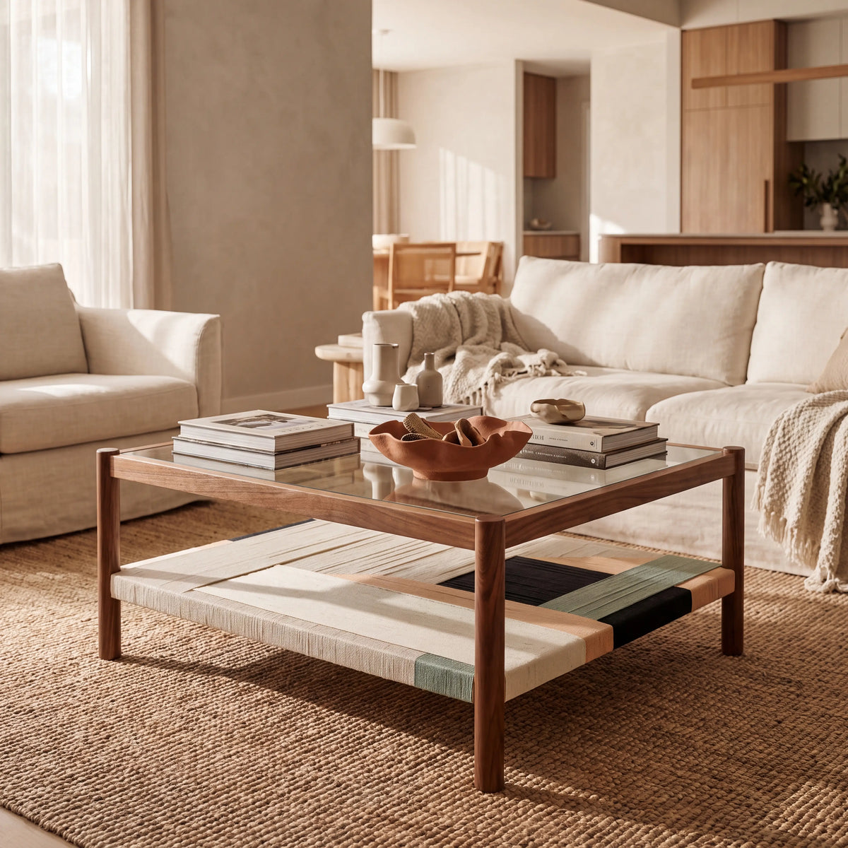 CALEN - Glass & Wood Rectangular Coffee Table