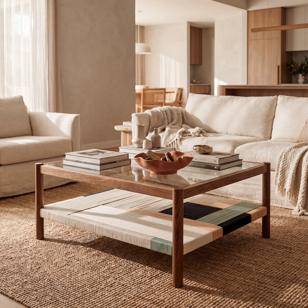 CALEN - Glass & Wood Rectangular Coffee Table
