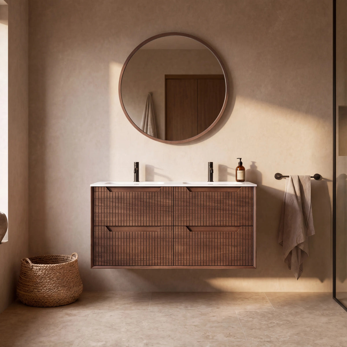 CASSIAN - Walnut Double-sink 4 Drawer Bathroom Cabinet - 120 cm