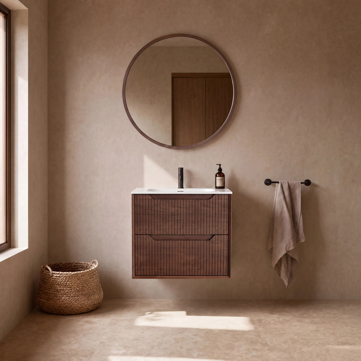 CASSIAN - Walnut Wall-hung 2 Drawer Bathroom Cabinet - 60 cm