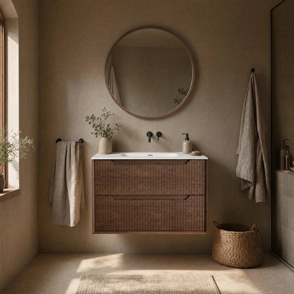 CASSIAN - Walnut Wall-hung 2 Drawer Bathroom Cabinet - 80 cm