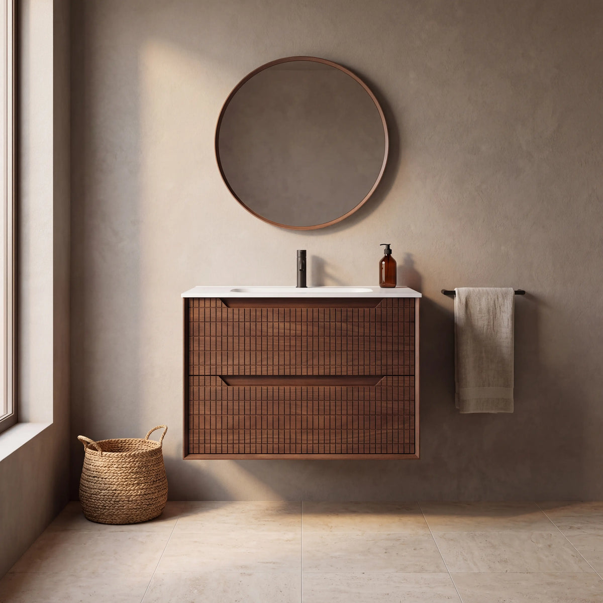 CASSIAN - Walnut Wall-hung 2 Drawer Bathroom Cabinet - 80 cm