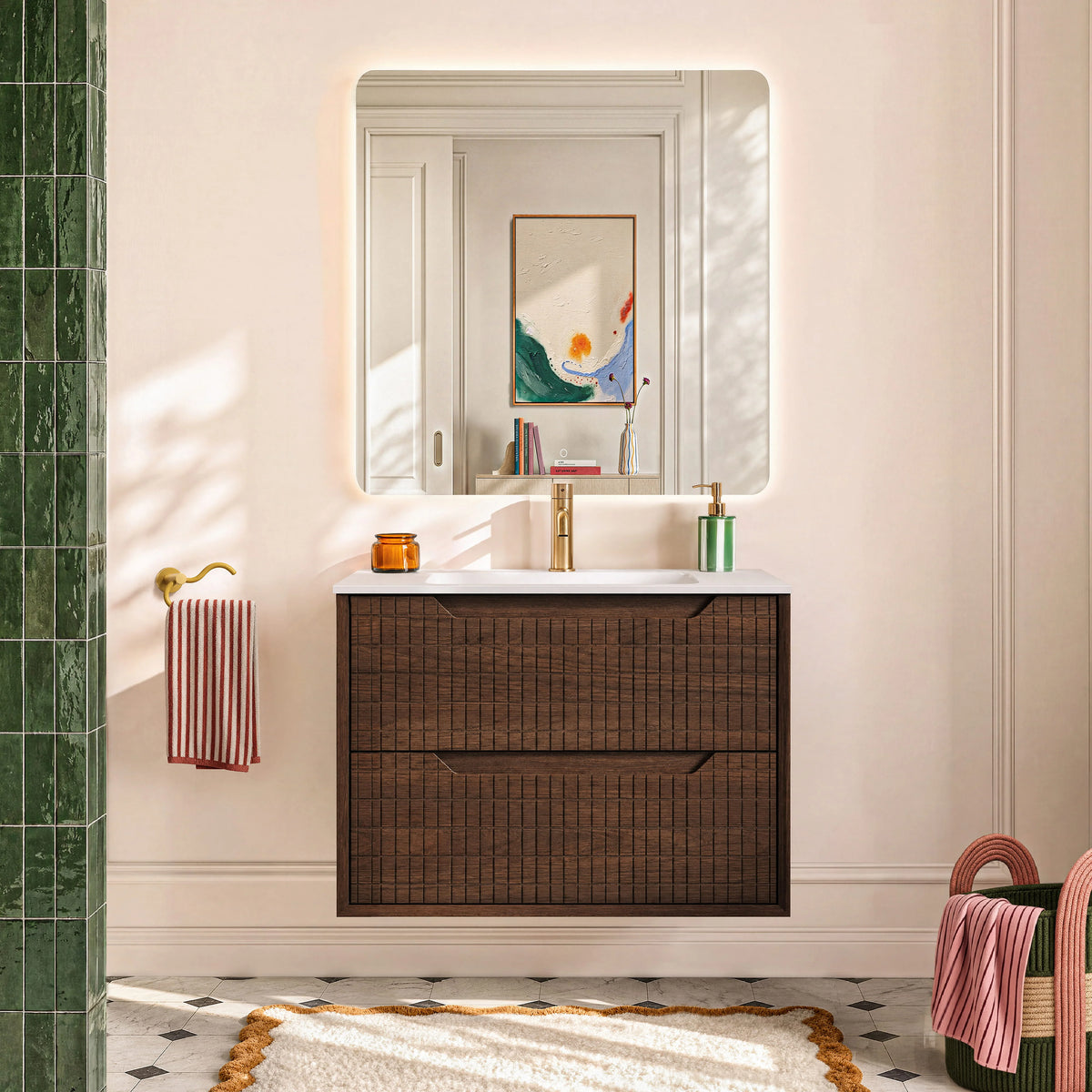CASSIAN - Walnut Wall-hung 2 Drawer Bathroom Cabinet - 80 cm