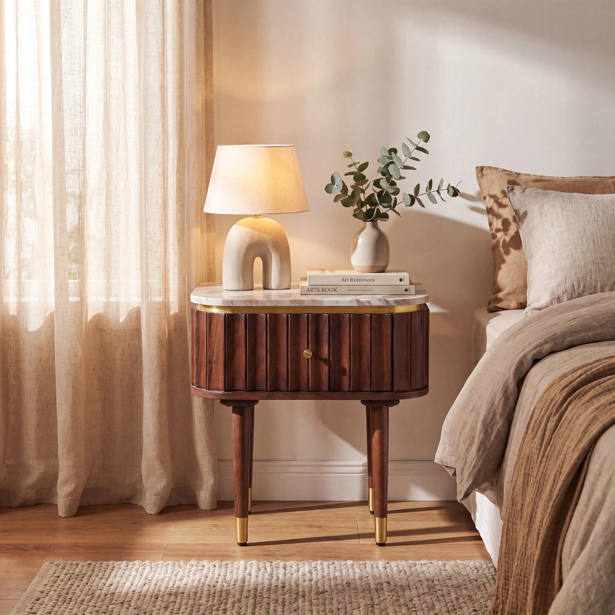 HECTOR - Acacia & Marble Bedside Table