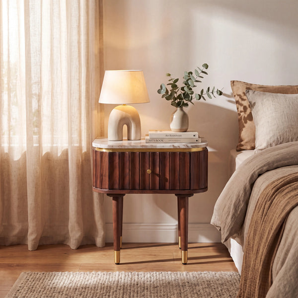 HECTOR - Acacia & Marble Bedside Table