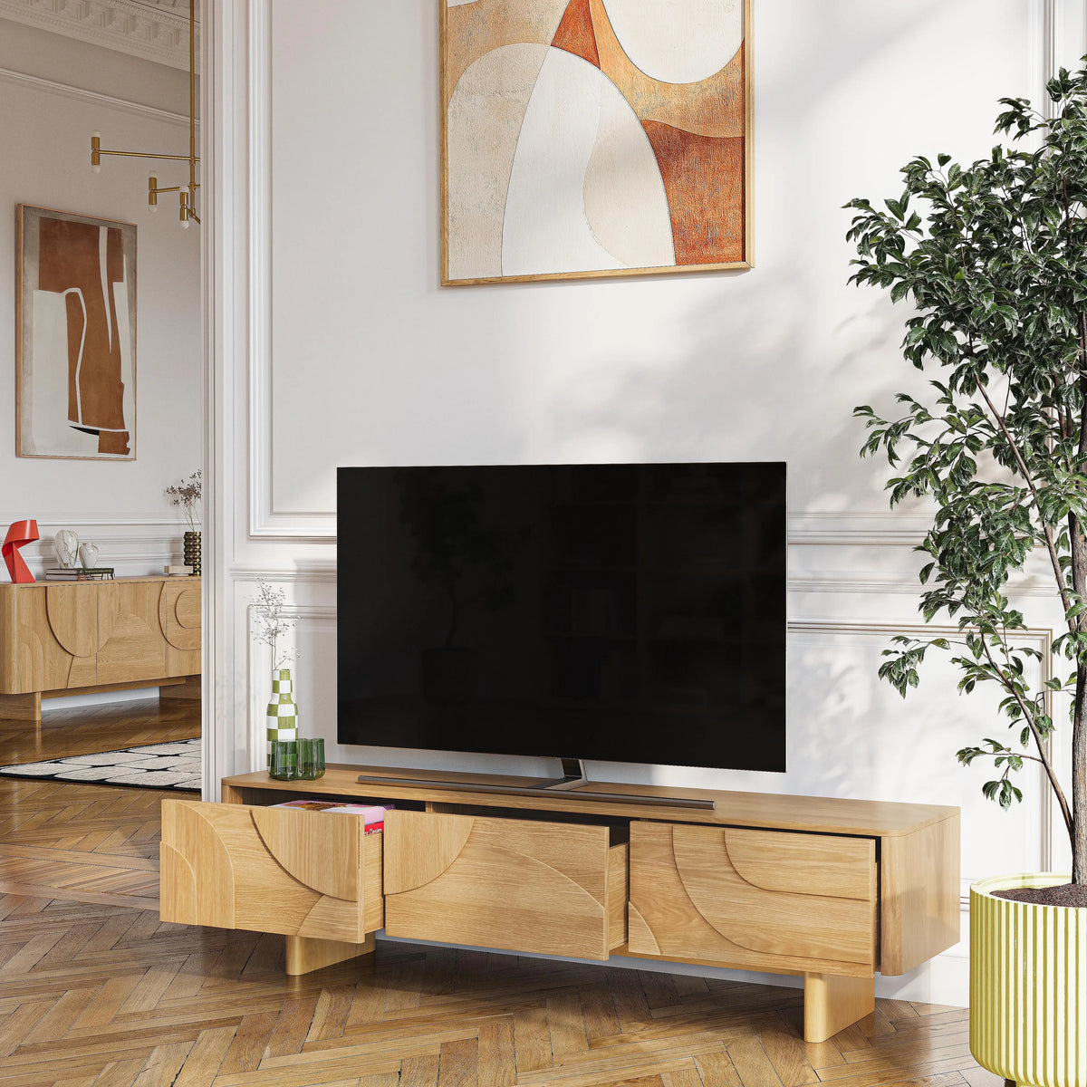 MILORD - Oak 3 Drawer Entertainment Unit