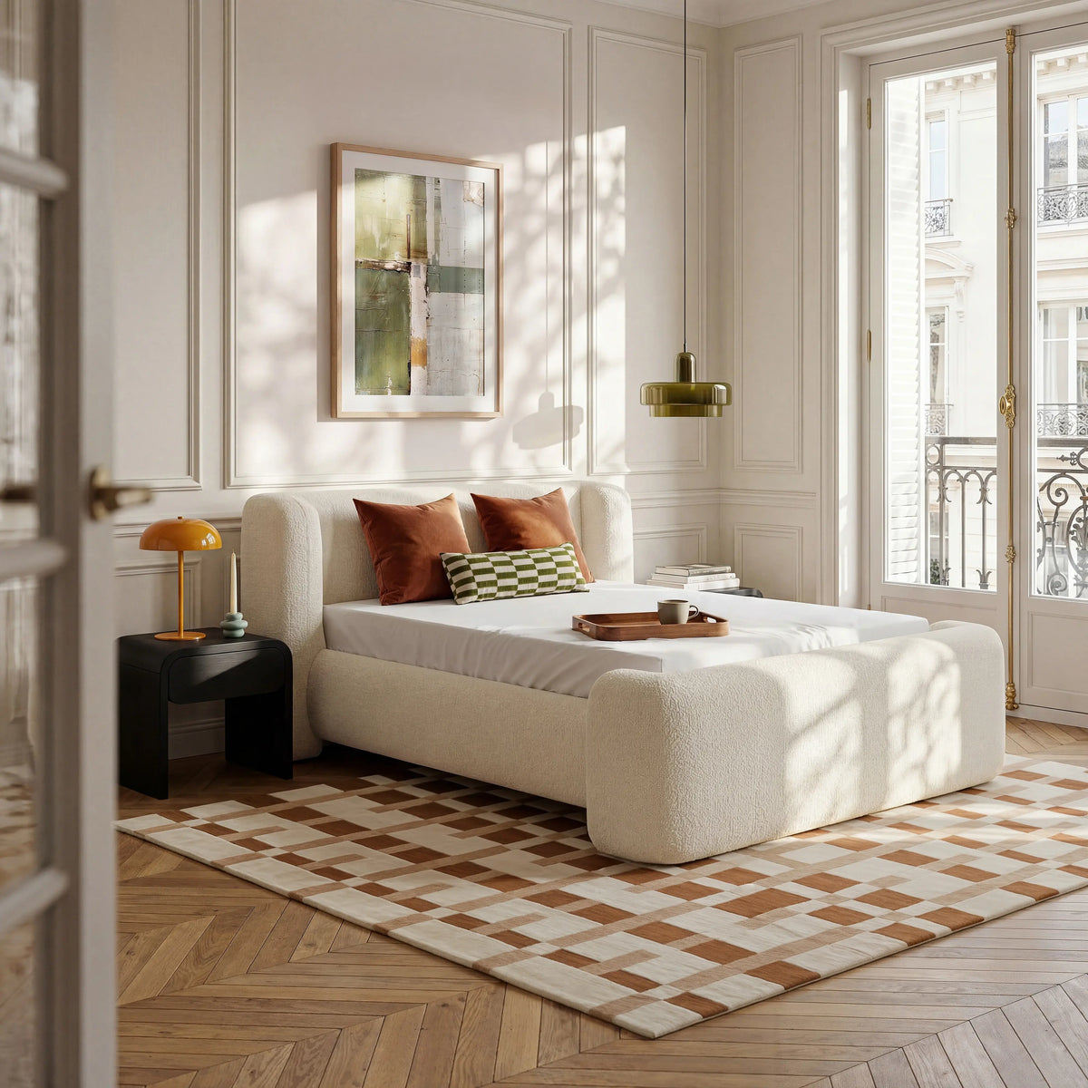 OLBIA - Bouclé Storage Bed - Queen Size
