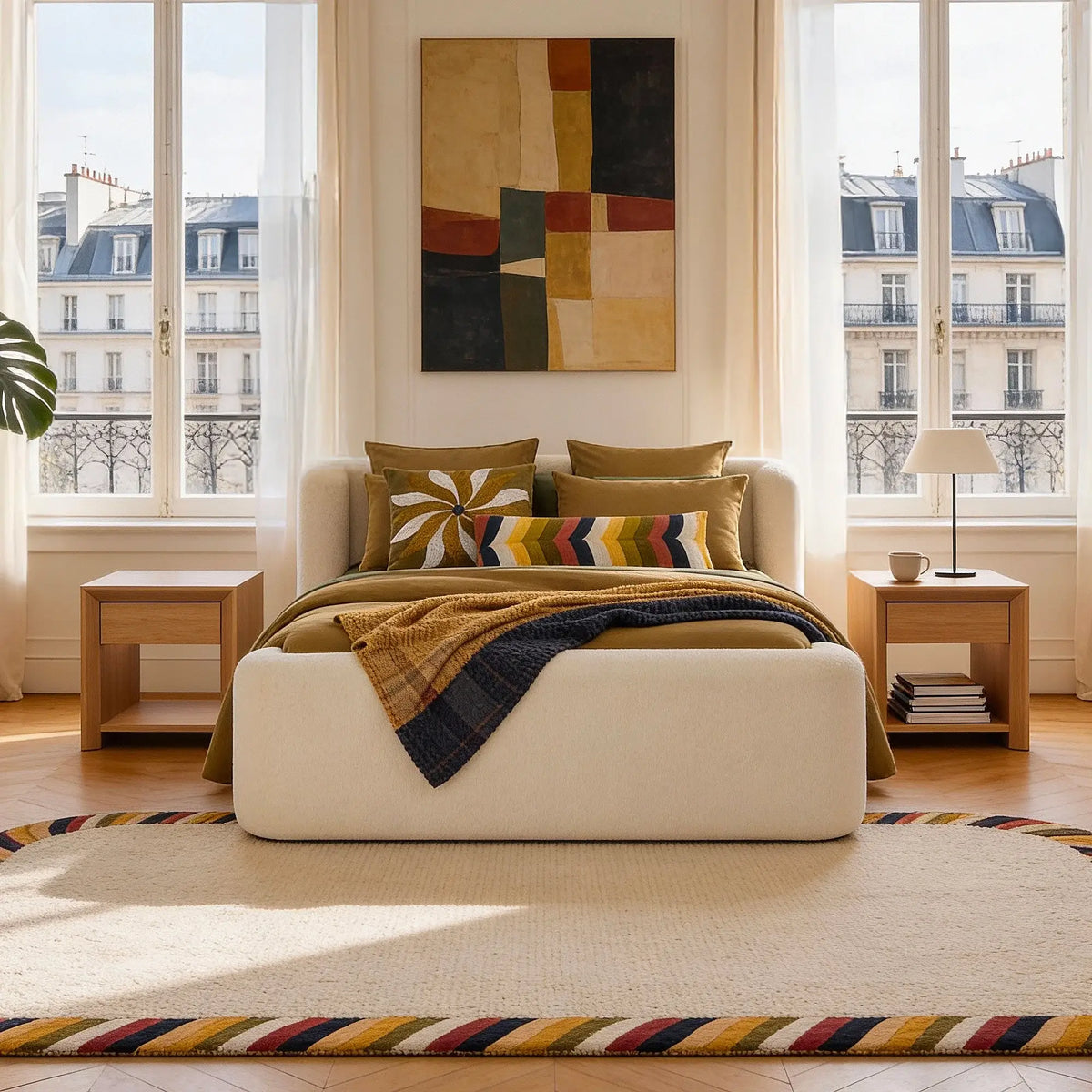 OLBIA - Bouclé Storage Bed - Queen Size
