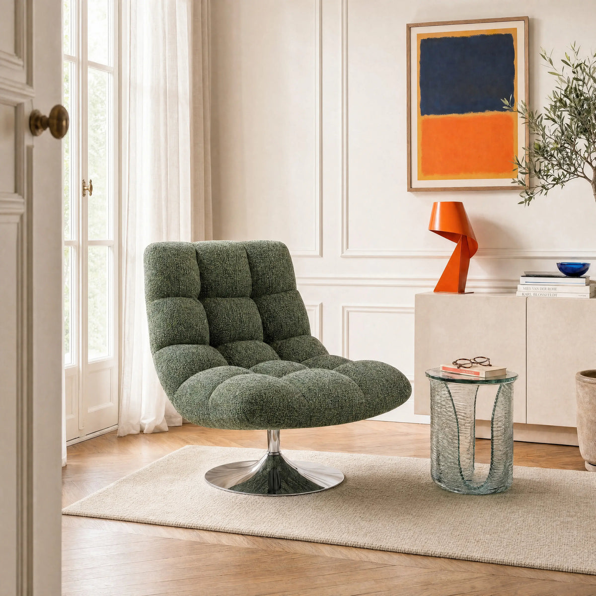 SOGLIO - Chenille & Chrome Swivel Armchair