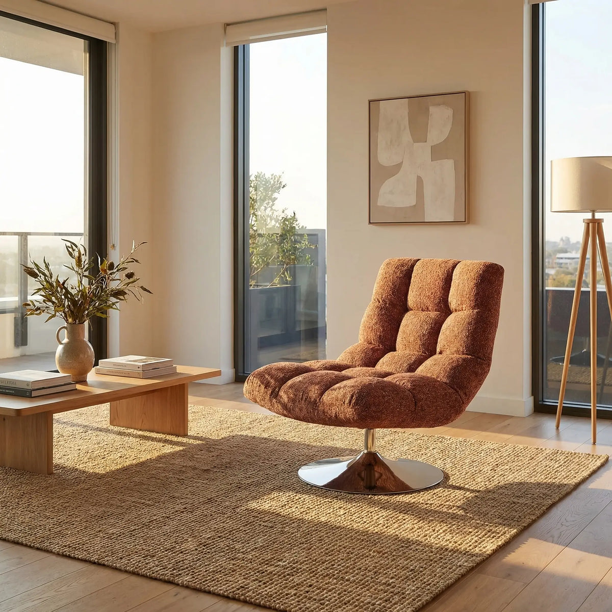SOGLIO - Chenille & Chrome Swivel Armchair